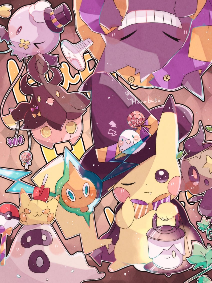 pikachu, rotom, gengar, litwick, drifloon, and 3 more (pokemon) drawn by hanabusaoekaki