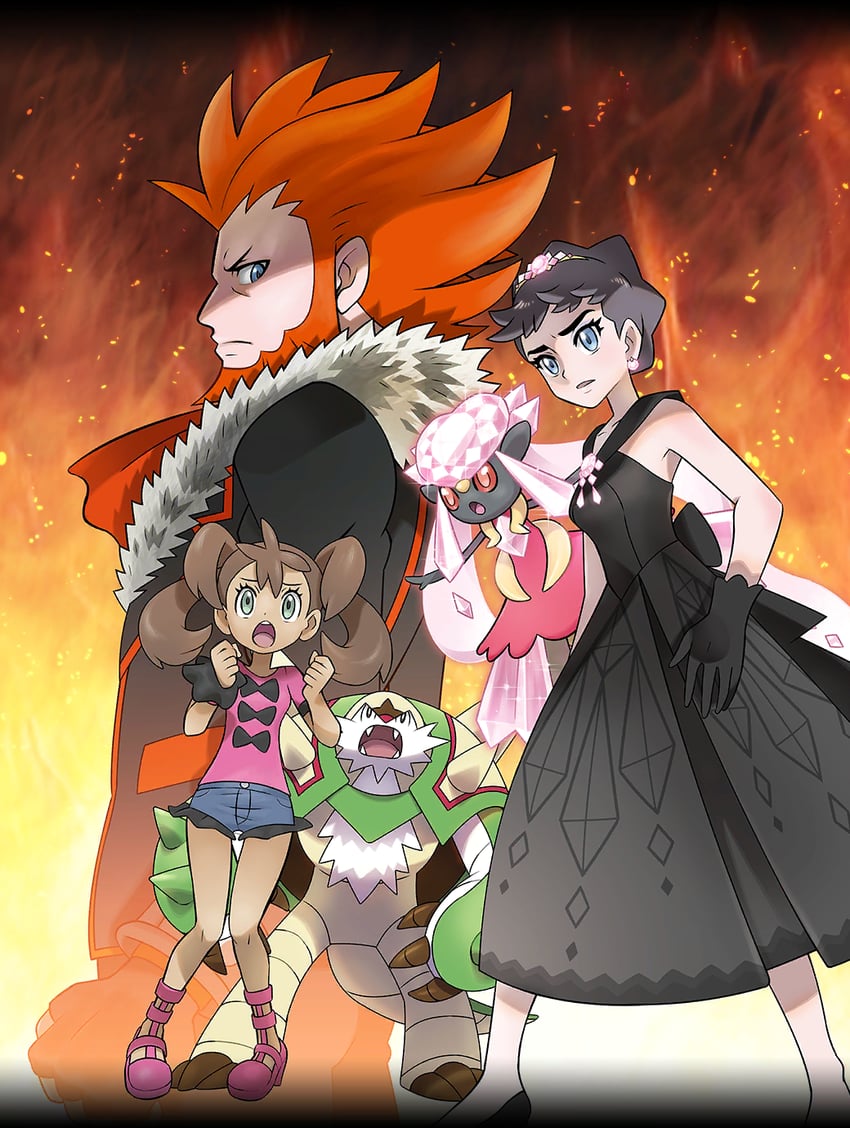 shauna, diantha, lysandre, diancie, chesnaught, and 1 more (pokemon and 2 more) drawn by ariga_hitoshi