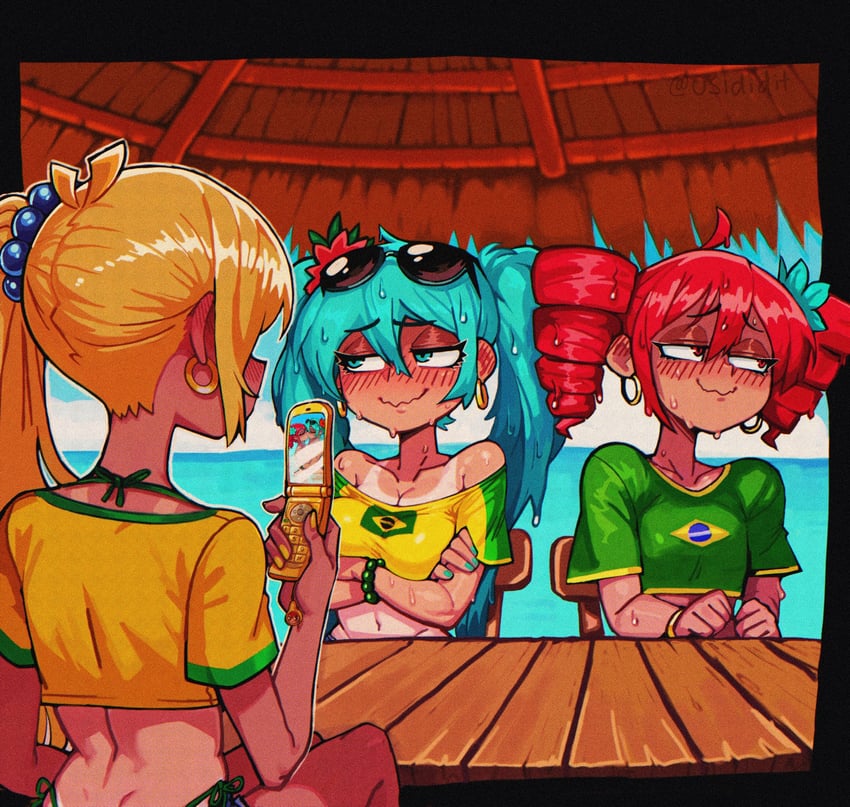 hatsune miku, kasane teto, brazilian miku, and akita neru (vocaloid and 2 more) drawn by osidid