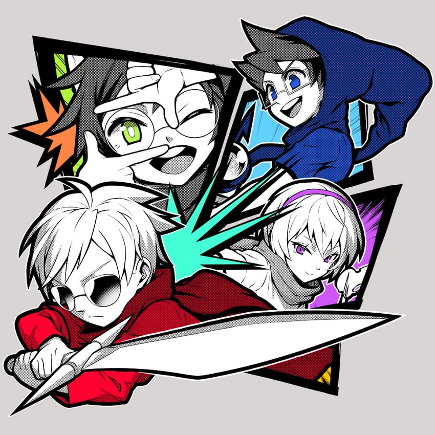 rose lalonde, jade harley, dave strider, and john egbert (homestuck) drawn by nijuu