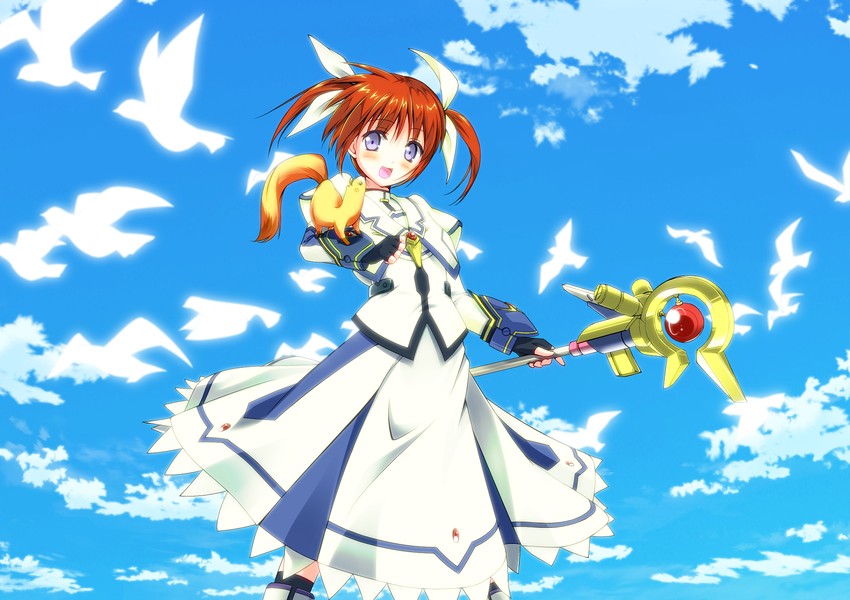 takamachi nanoha, raising heart, and yuuno scrya (lyrical nanoha and 3 more) drawn by hajime_kazuhito