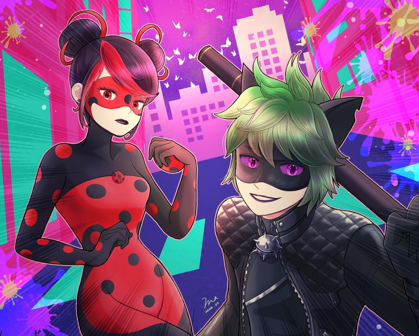 marinette dupain-cheng, adrien agreste, shadybug, and claw noir (miraculous ladybug) drawn by catnoir_love
