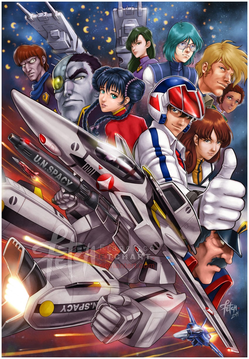 vf-1, lynn minmay, sdf-1, ichijou hikaru, hayase misa, and 10 more (macross and 2 more) drawn by franciscoetchart