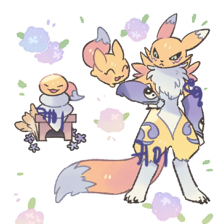 renamon, pokomon, and relemon (digimon) drawn by q_o_o_p_x