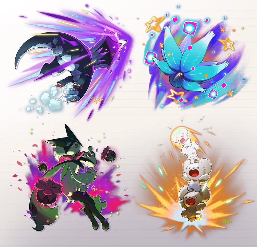 meowscarada, maushold, glimmora, and baxcalibur (pokemon) drawn by pewzero