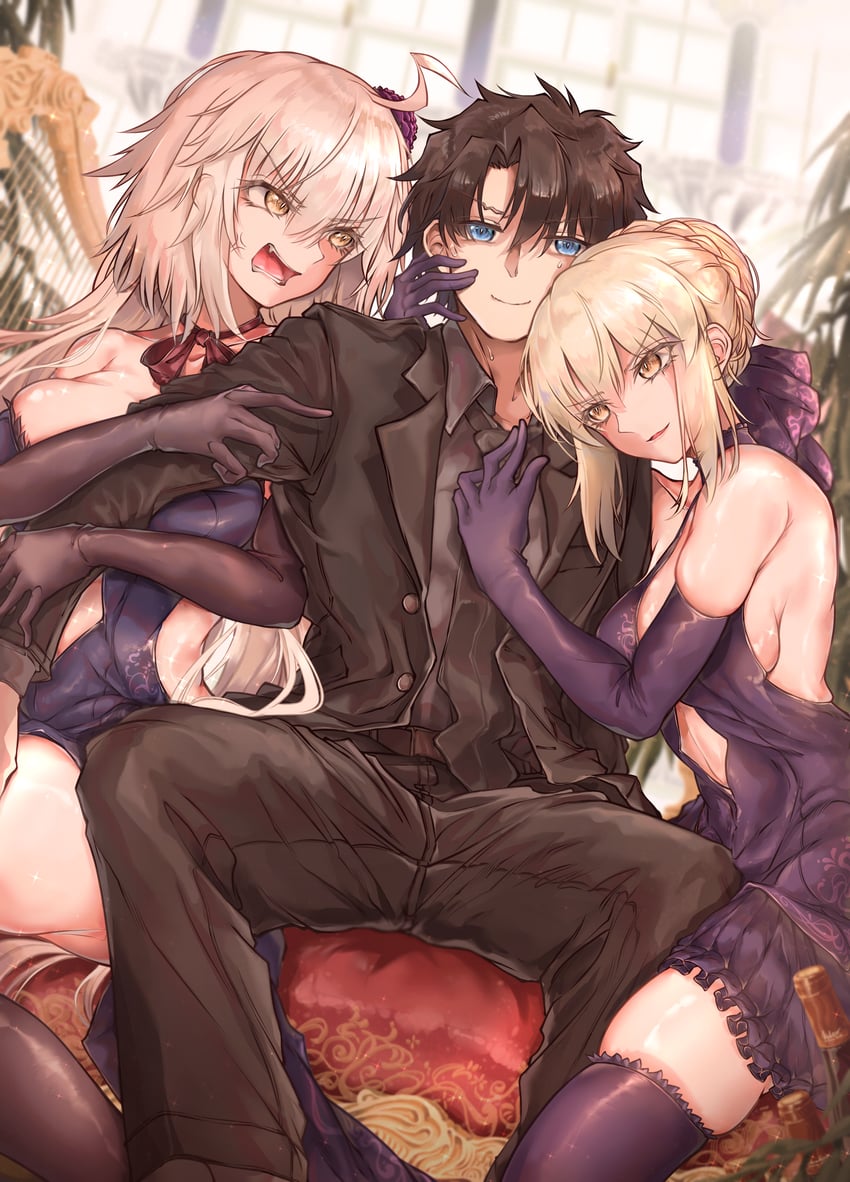 artoria pendragon, fujimaru ritsuka, jeanne d'arc alter, and saber alter (fate and 1 more) drawn by blitz_predator