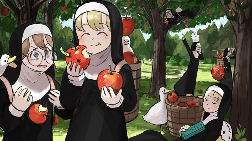 clumsy nun, froggy nun, spicy nun, sheep nun, and glasses nun (little nuns) drawn by diva_(hyxpk)