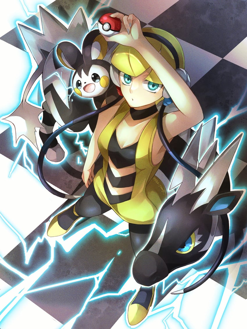 elesa, emolga, and zebstrika (pokemon and 1 more) drawn by yomogi_(black-elf)