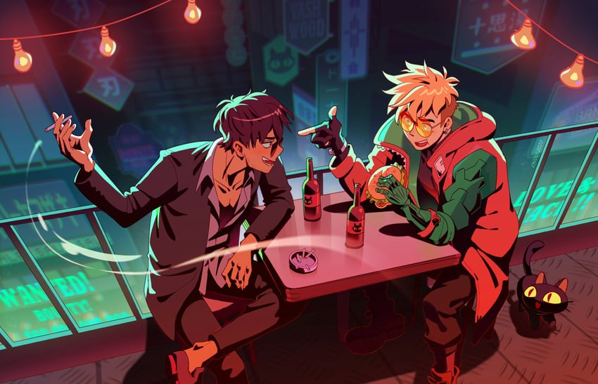 vash the stampede, nicholas d. wolfwood, and kuroneko (trigun and 1 more) drawn by chiou!