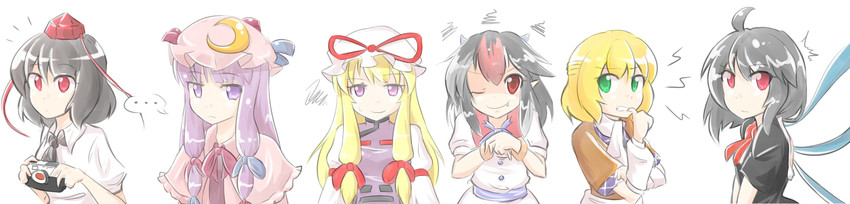 patchouli knowledge, yakumo yukari, shameimaru aya, houjuu nue, mizuhashi parsee, and 1 more (touhou) drawn by wool_(miwol)
