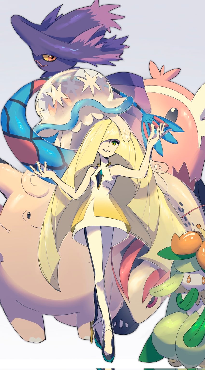 lusamine, milotic, mismagius, lilligant, nihilego, and 2 more (pokemon and 1 more) drawn by fua1heyvot4ifsr