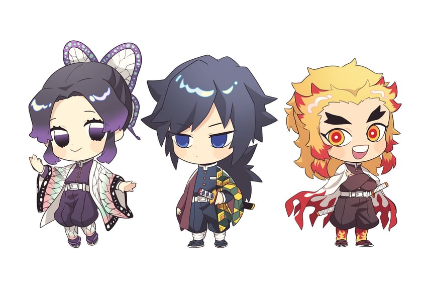 kochou shinobu, rengoku kyoujurou, and tomioka giyuu (kimetsu no yaiba) drawn by homa_corn