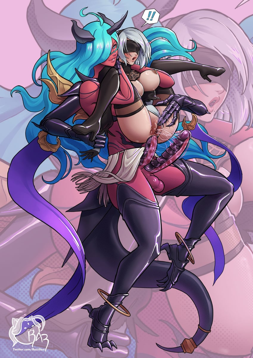 2b and versusia (granblue fantasy and 3 more) drawn by razillon