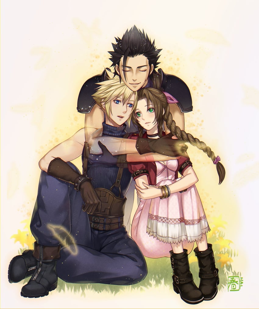 cloud strife, aerith gainsborough, and zack fair (final fantasy and 1 more) drawn by halu-ca