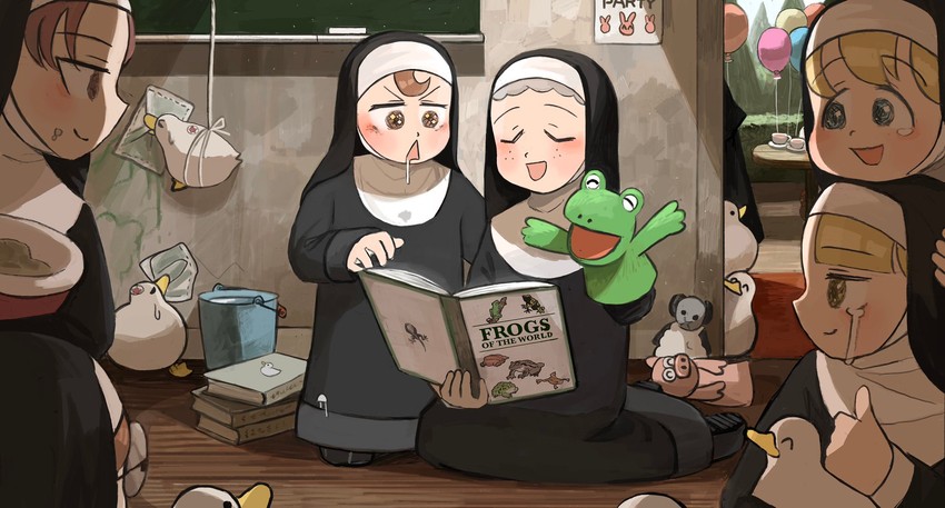 clumsy nun, froggy nun, spicy nun, sheep nun, glasses nun, and 1 more (little nuns) drawn by diva_(hyxpk)