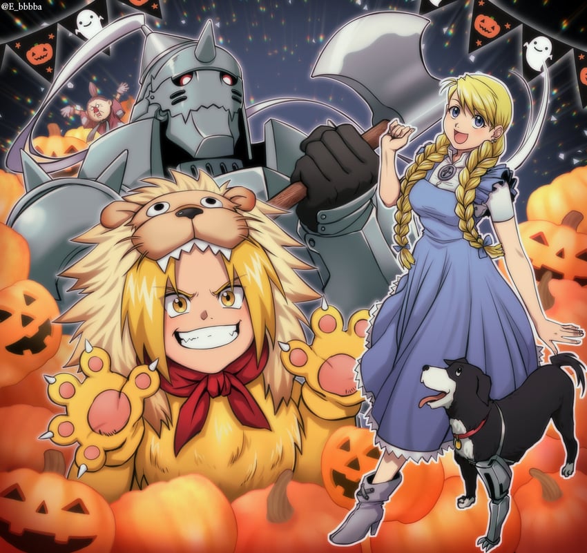 edward elric, alphonse elric, winry rockbell, dorothy gale, tin man, and 5 more (fullmetal alchemist and 1 more) drawn by e_bbbba
