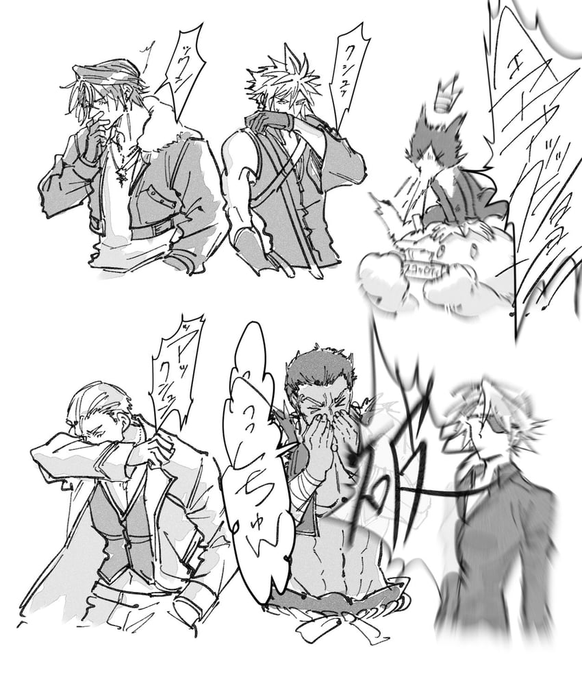 cloud strife, moogle, squall leonhart, cait sith, seifer almasy, and 2 more (final fantasy and 3 more) drawn by shio_ga