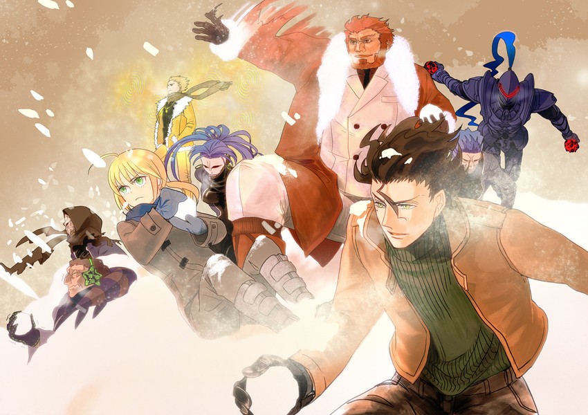 artoria pendragon, saber, gilgamesh, iskandar, diarmuid ua duibhne, and 4 more (fate and 1 more) drawn by hanamiboshi