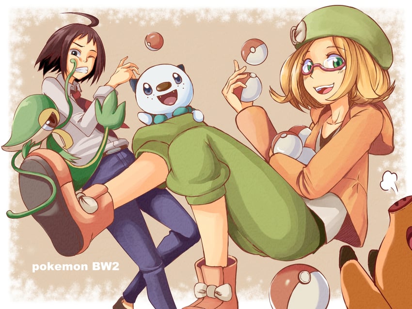 oshawott, snivy, bianca, tepig, and cheren (pokemon and 1 more) drawn by jaguji_(jaguzzi)