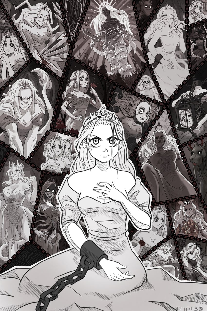 princess, the witch, the razor, the nightmare, the damsel, and 18 more (slay the princess) drawn by pencilequipped