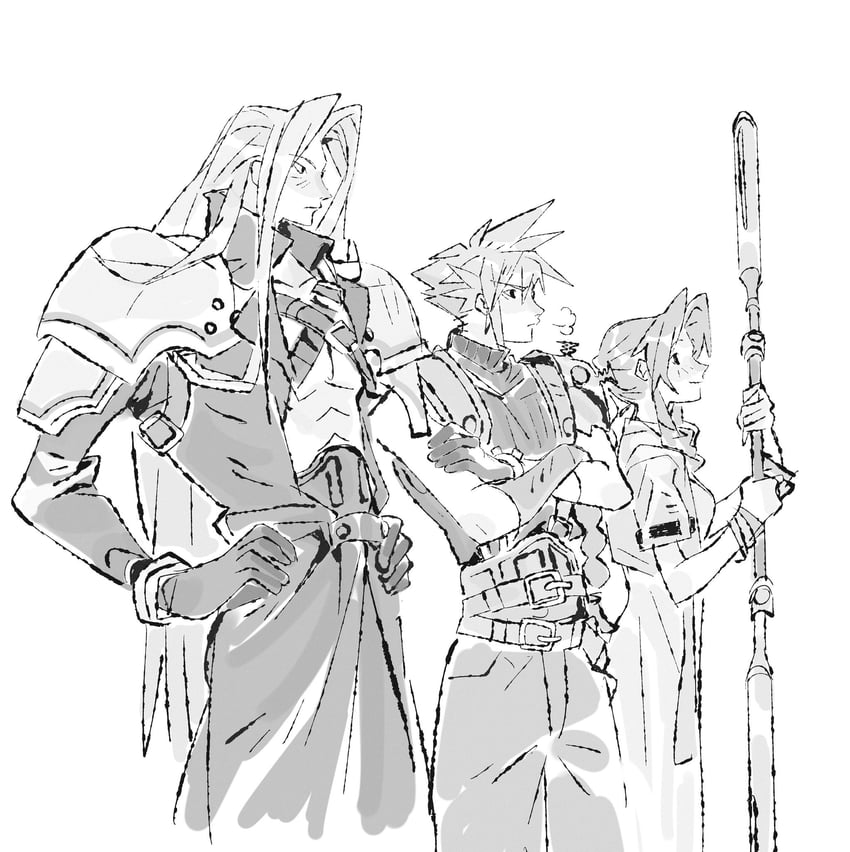 cloud strife, aerith gainsborough, and sephiroth (final fantasy and 2 more) drawn by jaysoysaucee