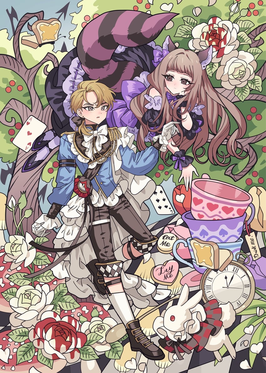 alice, white rabbit, and cheshire cat (original and 1 more) drawn by meremero
