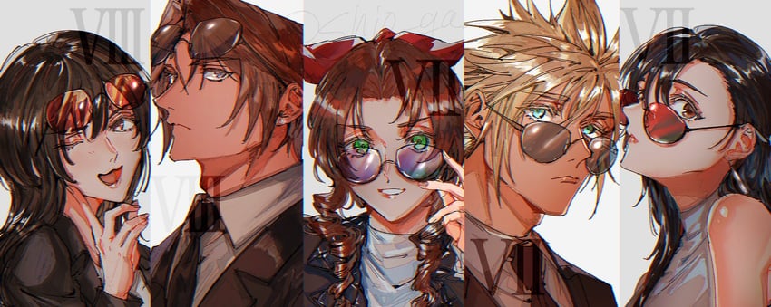 tifa lockhart, cloud strife, aerith gainsborough, squall leonhart, and rinoa heartilly (final fantasy and 2 more) drawn by shio_ga