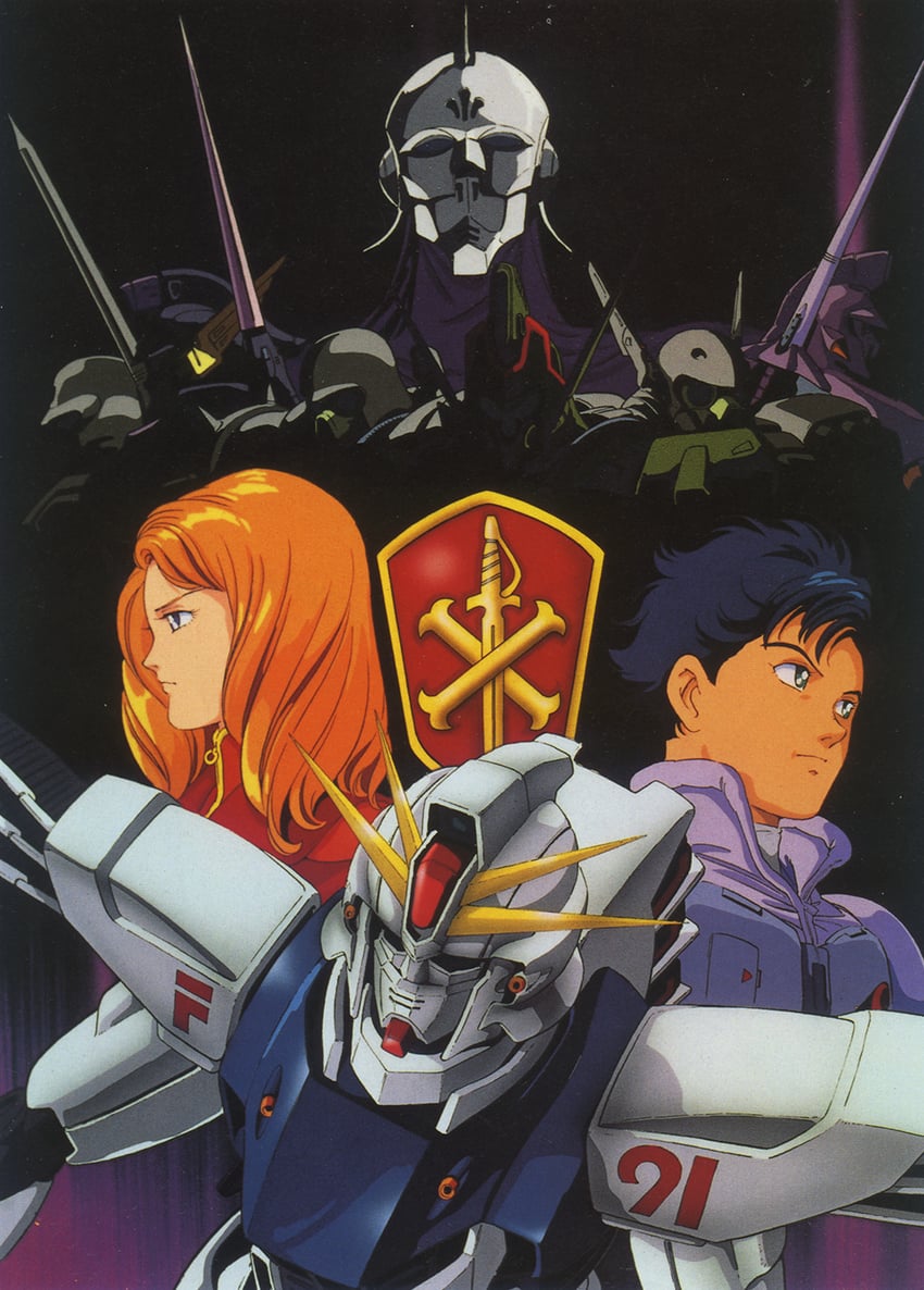 f91 gundam, seabook arno, cecily fairchild, den'an zon, den'an gei, and 5 more (gundam and 1 more) drawn by yasuhiko_yoshikazu