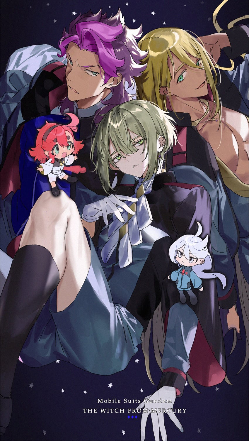 suletta mercury, miorine rembran, guel jeturk, elan ceres, and shaddiq zenelli (gundam and 1 more) drawn by nana_tetra