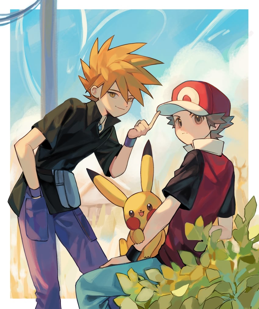 pikachu, red, and blue oak (pokemon and 1 more) drawn by ki2ri5