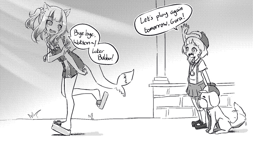 gawr gura, watson amelia, and bubba (hololive and 1 more) drawn by kiirokuma