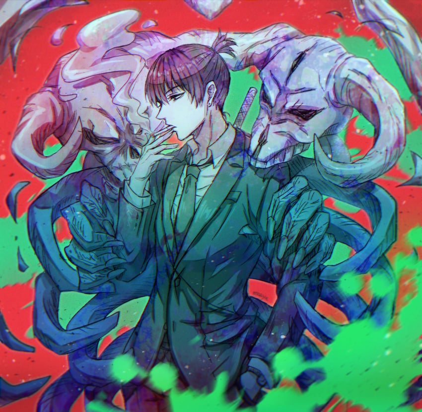 hayakawa aki and curse devil (chainsaw man) drawn by oekaki0123