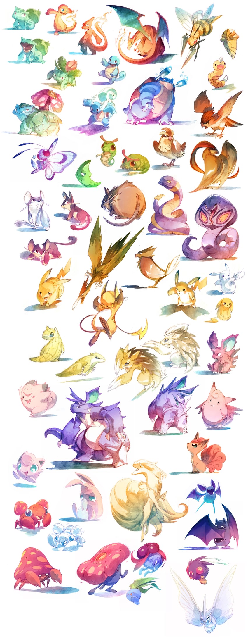 pikachu, charizard, bulbasaur, jigglypuff, squirtle, and 40 more (pokemon) drawn by nicholas_kole