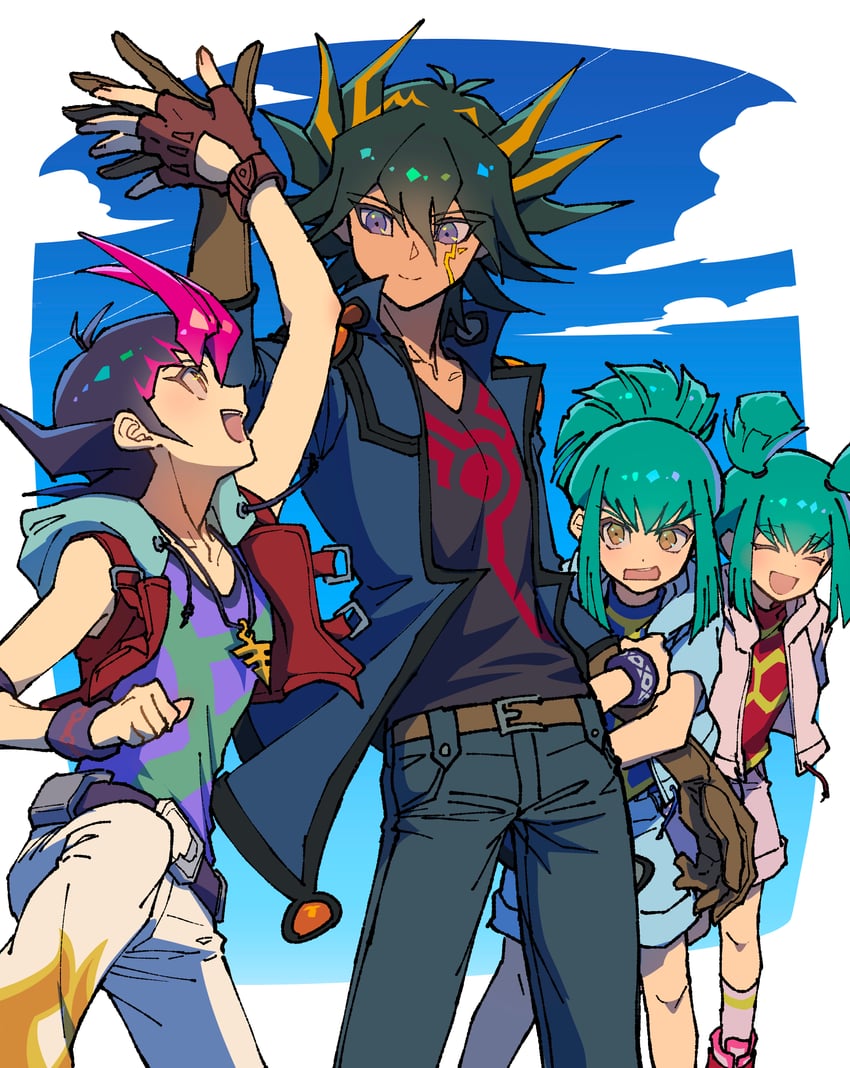 fudo yusei, luca, tsukumo yuma, and lua (yu-gi-oh! and 2 more) drawn by youko-shima