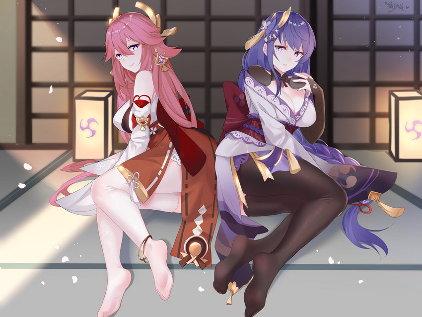 raiden shogun and yae miko (genshin impact) drawn by lingshalan