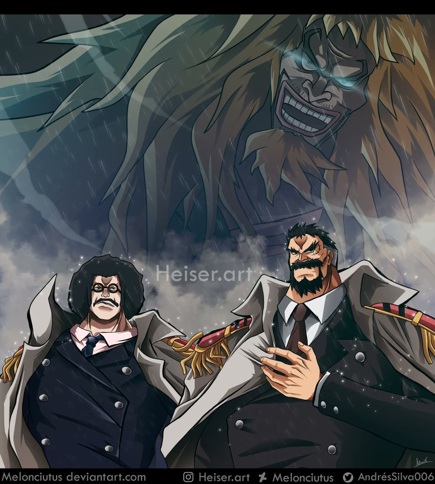 monkey d. garp, sengoku, and kinjishi no shiki (one piece) drawn by melonciutus