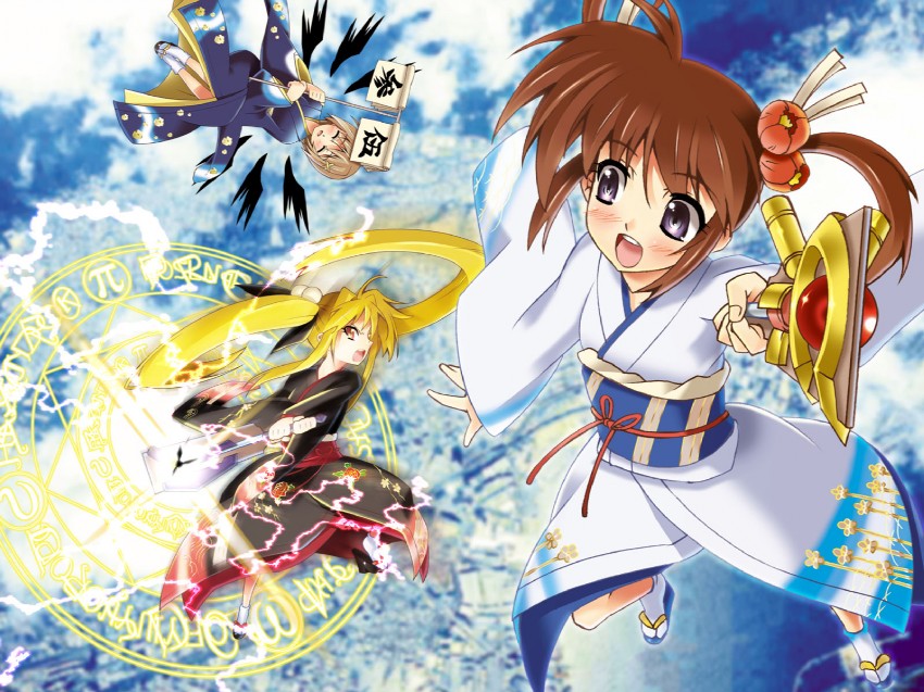 fate testarossa, takamachi nanoha, yagami hayate, raising heart, and bardiche (lyrical nanoha and 2 more) drawn by shinozuka_atsuto