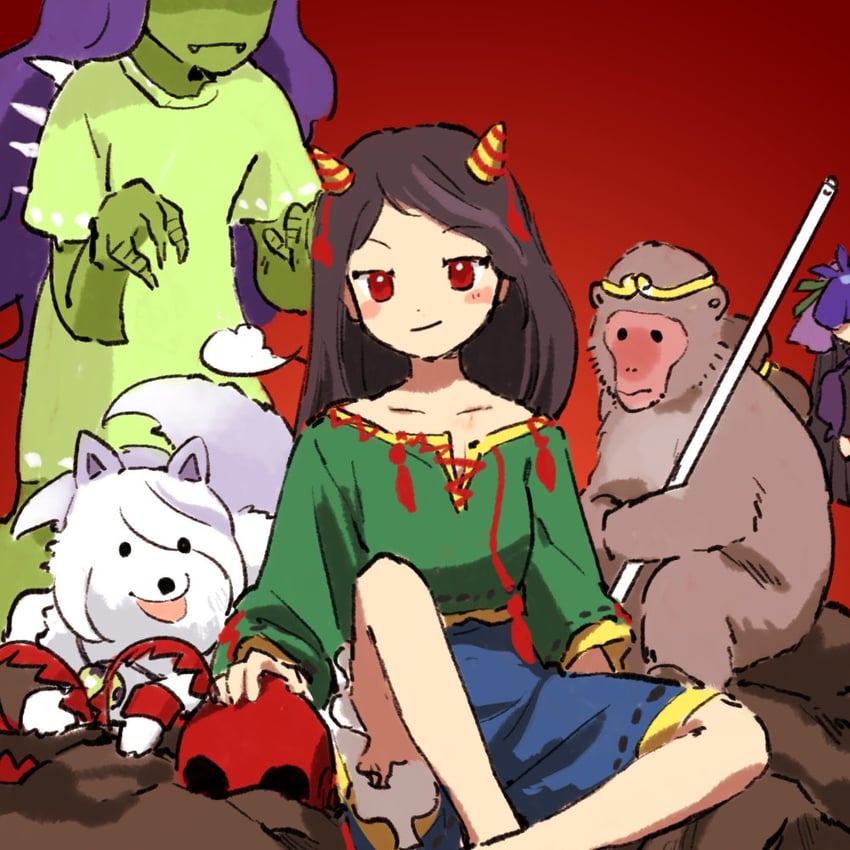 yomotsu hisami, tenkajin chiyari, son biten, nippaku zanmu, and mitsugashira enoko (touhou and 1 more) drawn by kaigen_1025