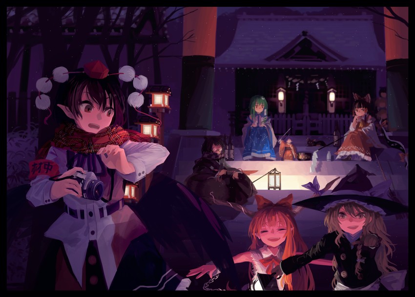 kirisame marisa, kochiya sanae, shameimaru aya, kaenbyou rin, ibuki suika, and 5 more (touhou) drawn by akaiha_(akaihasugk)