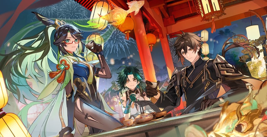 zhongli, xiao, and xianyun (genshin impact) drawn by ei_(user_sjgf2435)
