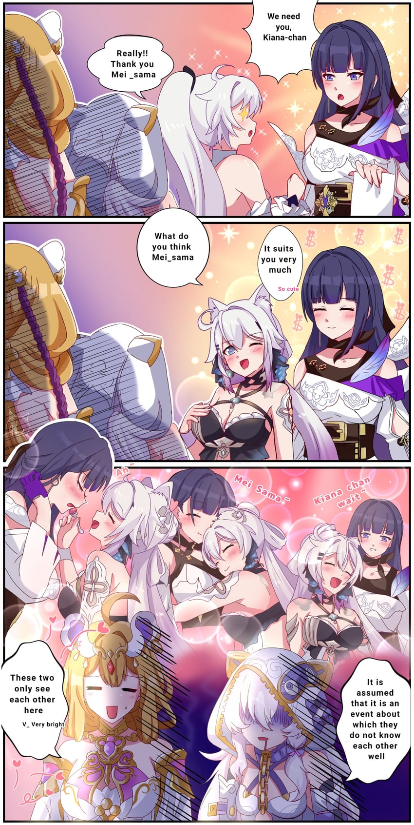 kiana kaslana, raiden mei, theresa apocalypse, and susannah manatt (honkai and 1 more) drawn by kudayunii