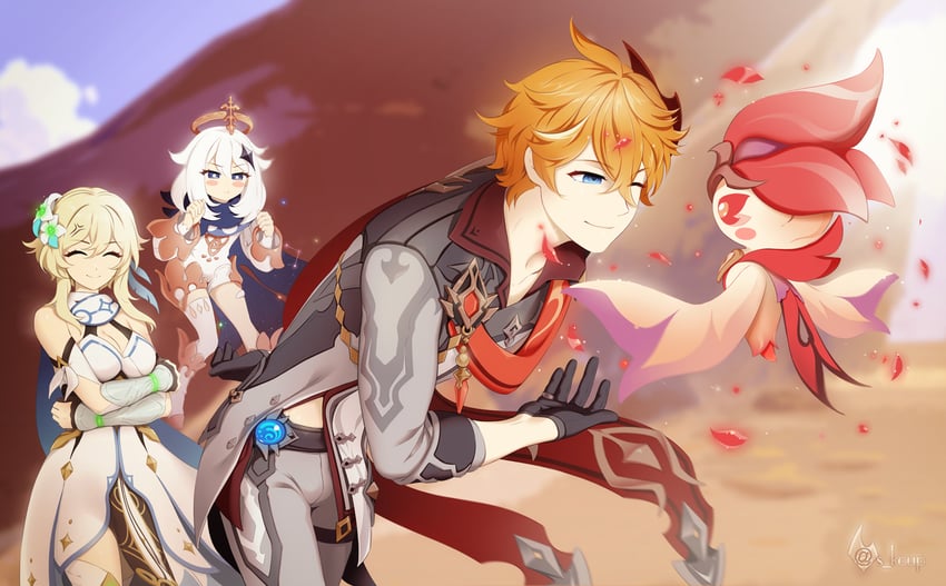 lumine, paimon, tartaglia, and sorush (genshin impact) drawn by shailo