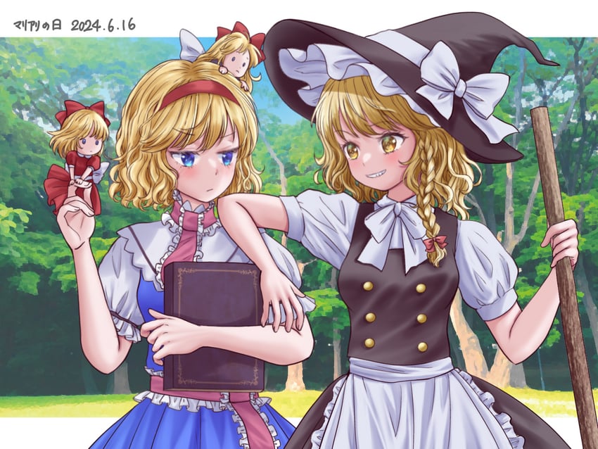 kirisame marisa, alice margatroid, shanghai doll, and hourai doll (touhou) drawn by kyabekko