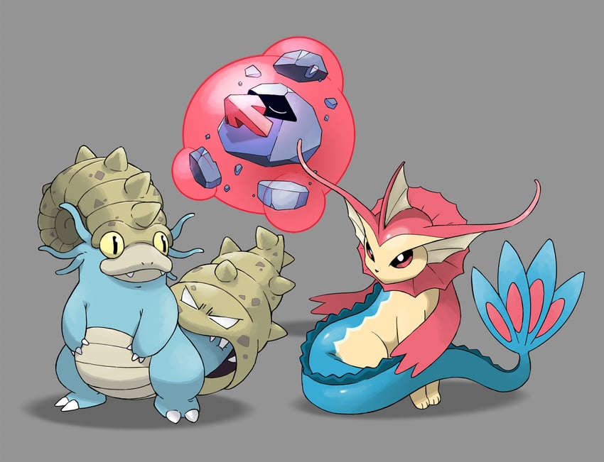 vaporeon, milotic, slowbro, duosion, nosepass, and 1 more (pokemon and 1 more) drawn by arnau