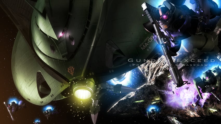 big zam and rick dom (gundam and 1 more) drawn by s.hasegawa