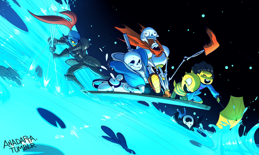 frisk, sans, undyne, papyrus, napstablook, and 2 more (undertale) drawn by anadapta