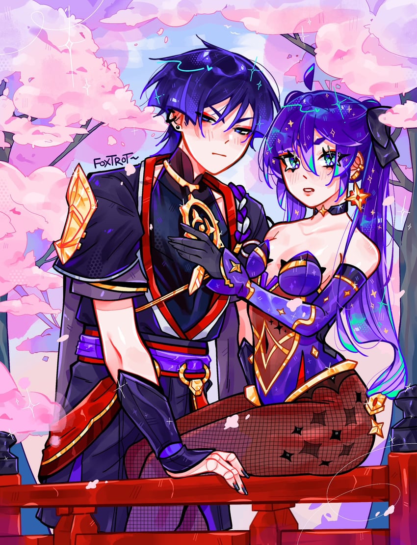 scaramouche and mona (genshin impact) drawn by foxtrot_(foxtrot_xx)