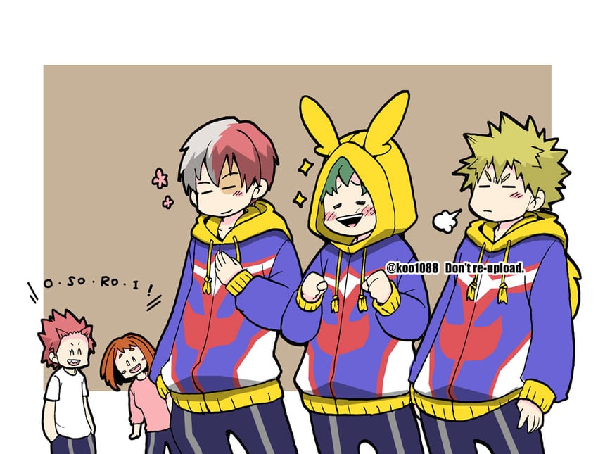 midoriya izuku, uraraka ochaco, bakugou katsuki, todoroki shoto, kirishima eijiro, and 1 more (boku no hero academia) drawn by koo1088