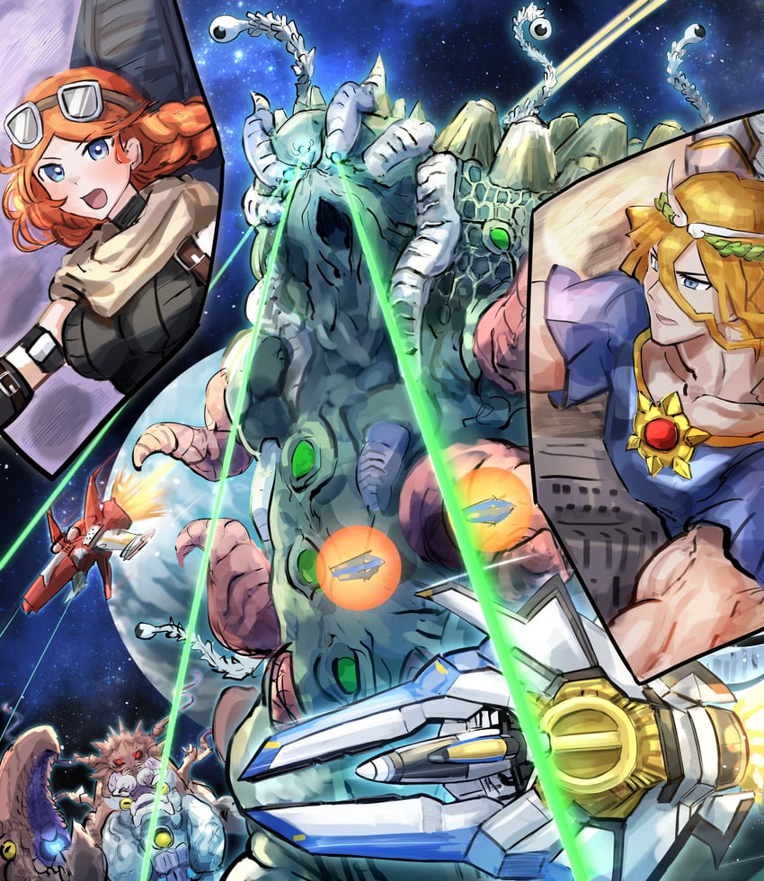 honest, cosmic fortress gol'gar, cosmic slicer zer'oll, kozmo farmgirl, kozmo sliprider, and 1 more (yu-gi-oh!) drawn by hatano_kiyoshi