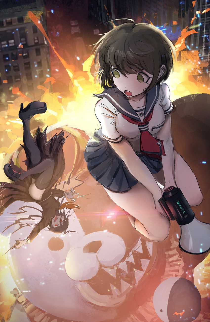 monokuma, fukawa toko, naegi komaru, genocider shou, and big bang monokuma (danganronpa and 1 more) drawn by qosic
